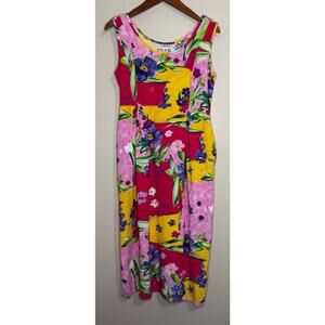 Vtg Jam's World Dress Womens Small Floral Pink Hawaiian Bright Colorful Pockets